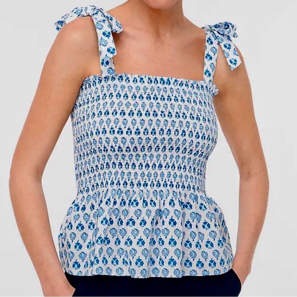 J. Crew Blue and White floral print Smocked Tie-Shoulder Peplum Camisole small